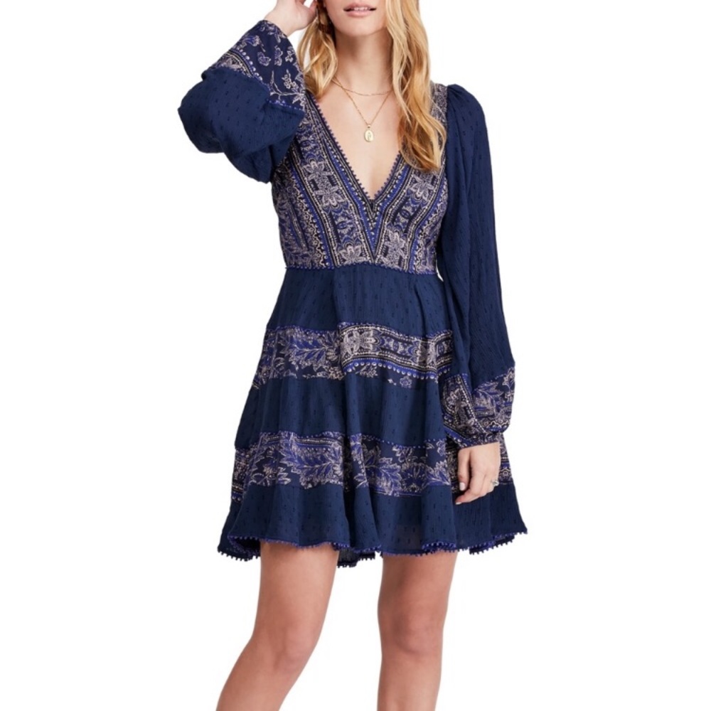 Free People My Love Mini Dress Indigo Combo Size S